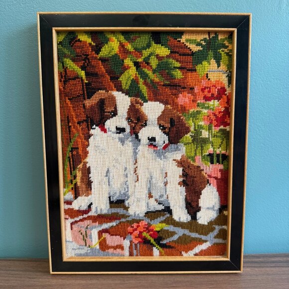 Vintage Framed Needlepoint St. Bernard Puppies Cross-Stitch Art In Wooden Frame - Picture 1 of 10